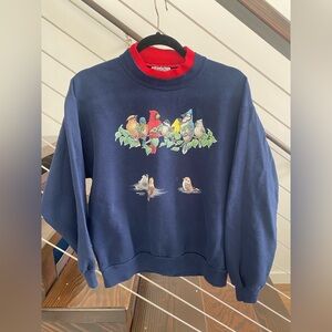 Navy Bird Print Crew Neck Sweater